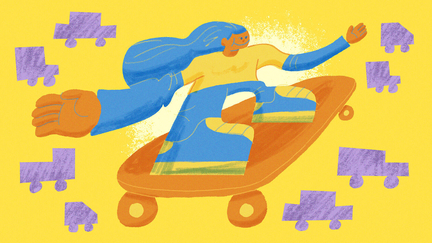 Why I Traded My Car For a Longboard. Illustration for an article about the sensory shift that happens when switching from a cramped car or bus to a longboard for a daily commute.