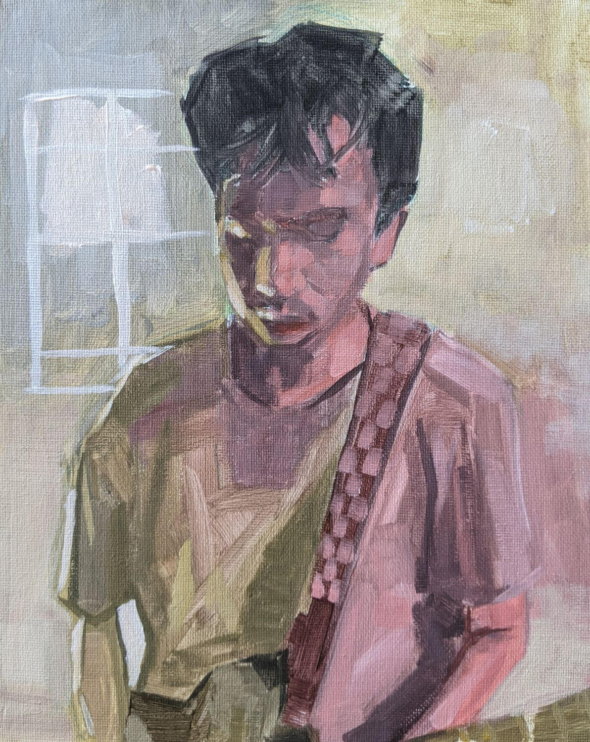Acrylic painting of a man playing a guitar.