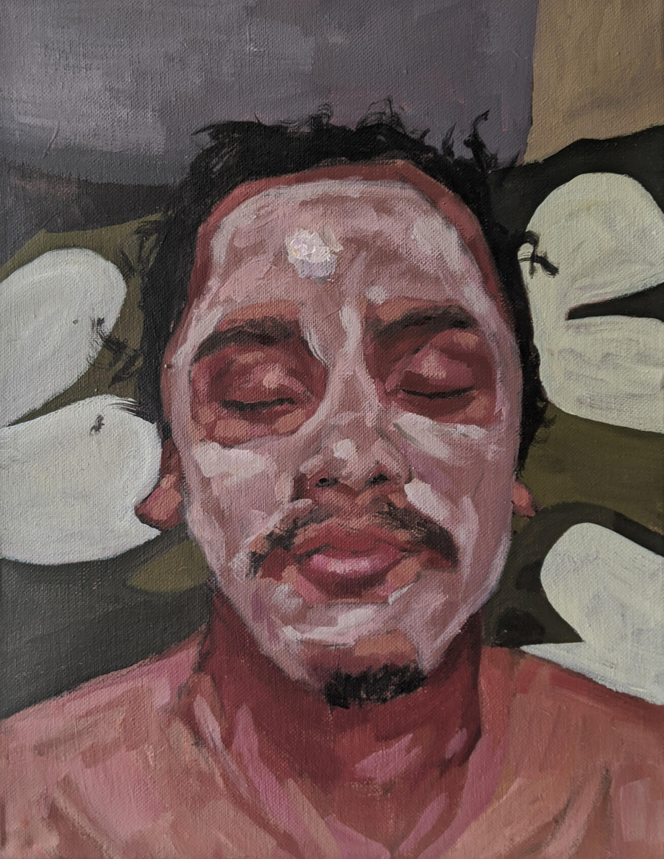 Acrylic painting of a portrait of a man with relaxing face mask.