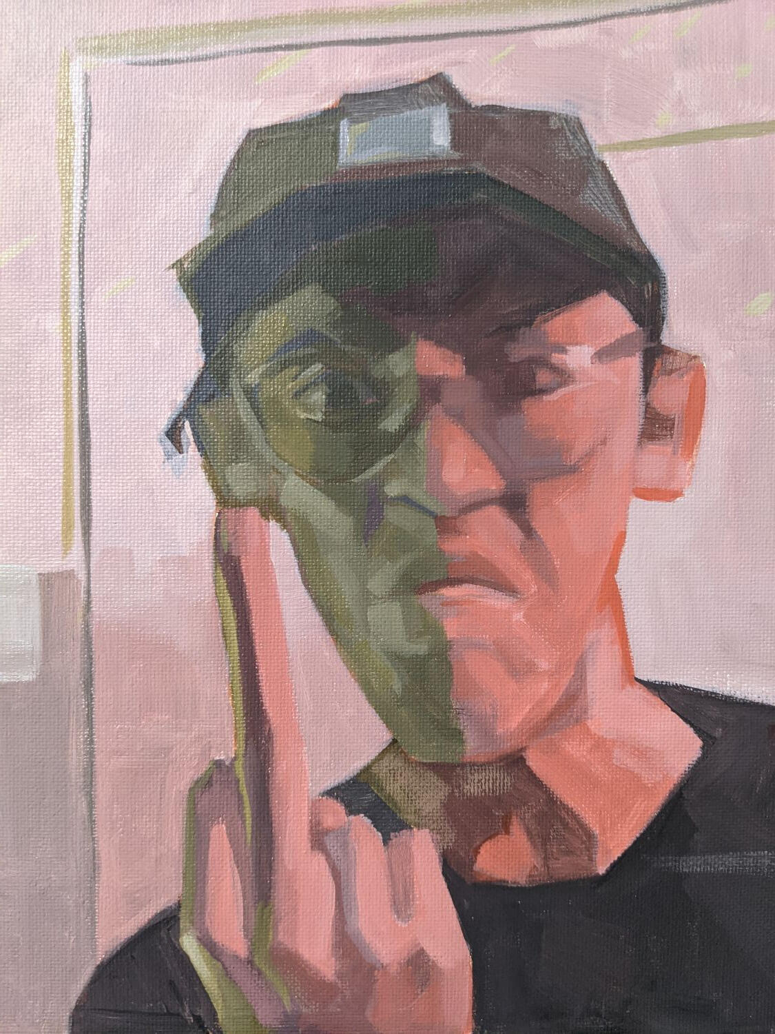 Acrylic painting of a portrait of a man showing the middle finger.