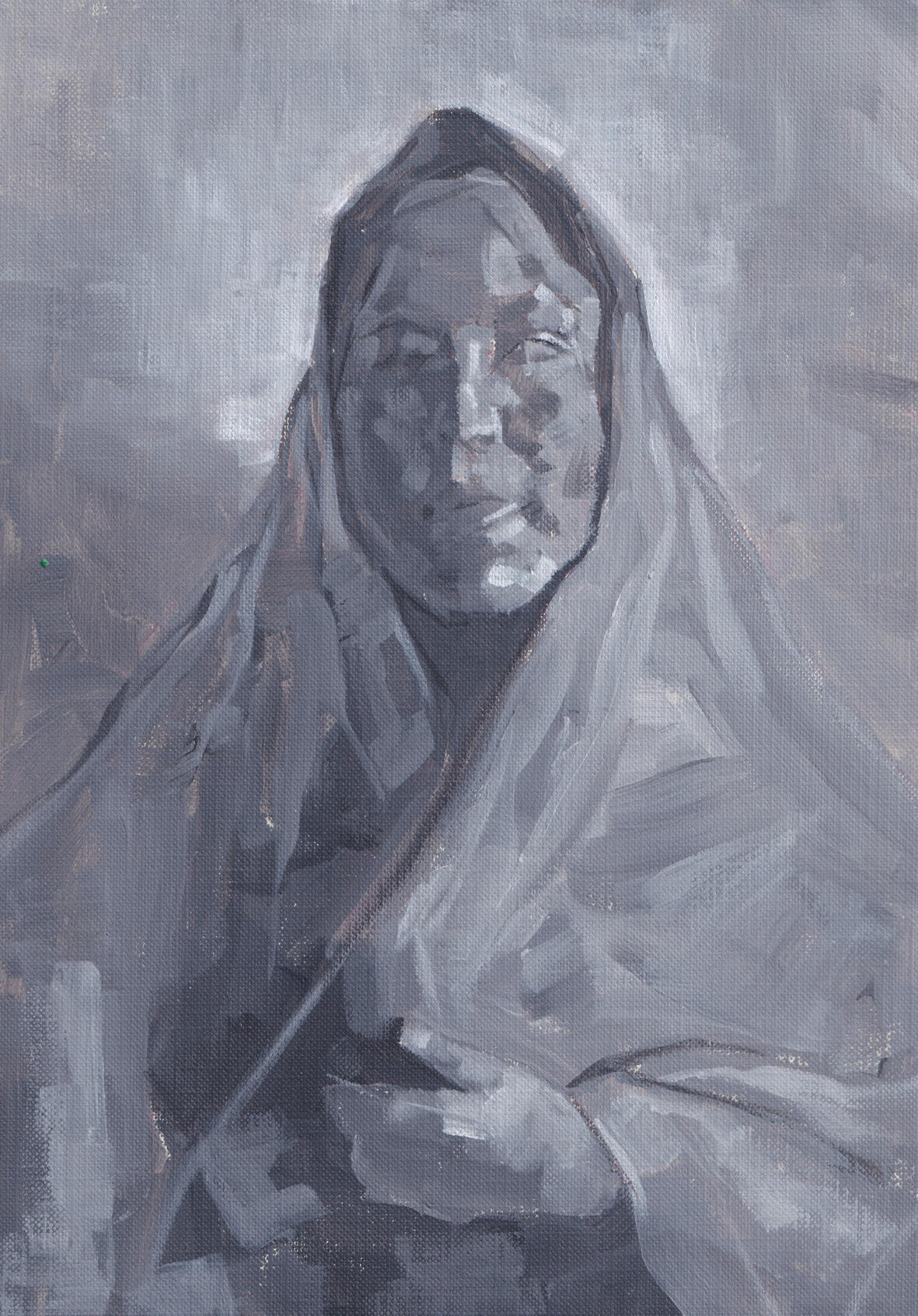 Black and white acrylic painting of a woman wearing a shawl over her head.