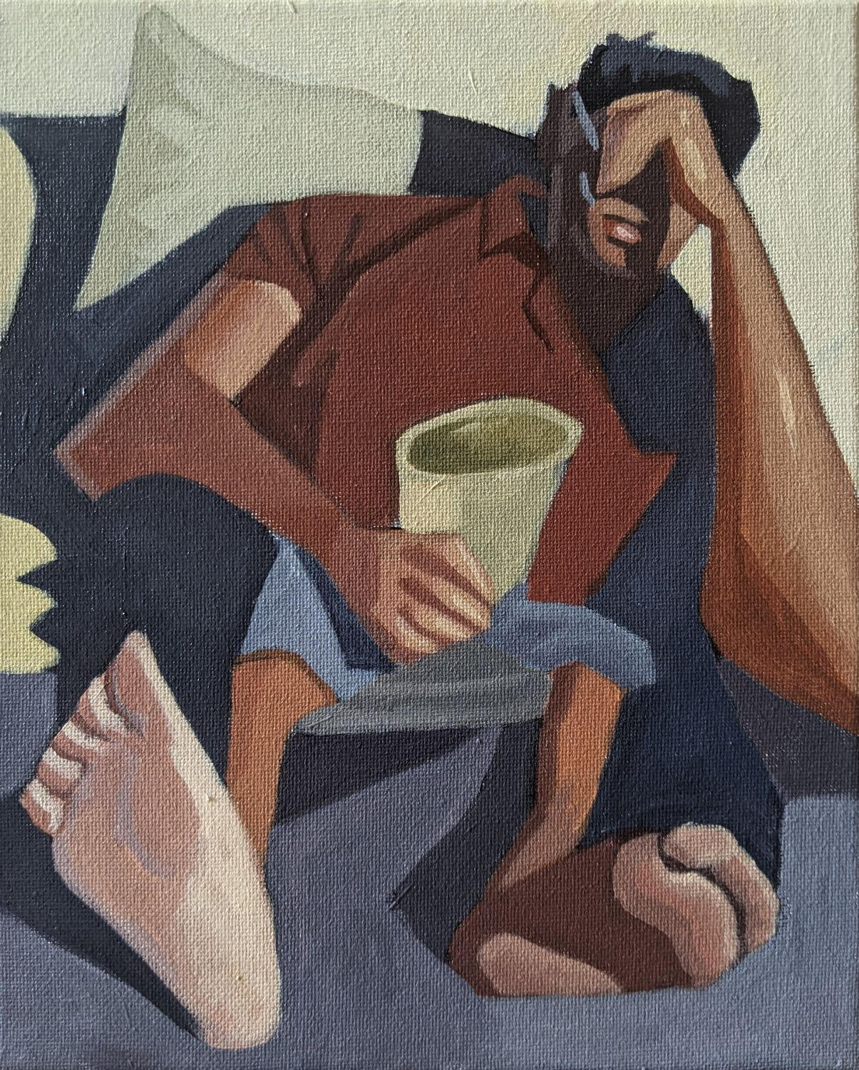 Acrylic painting of a man reclined holding a cup.