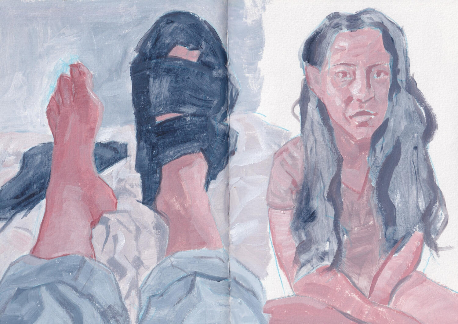 Acrylic painting of a pair of feet wearing slippers and a portrait of a woman.
