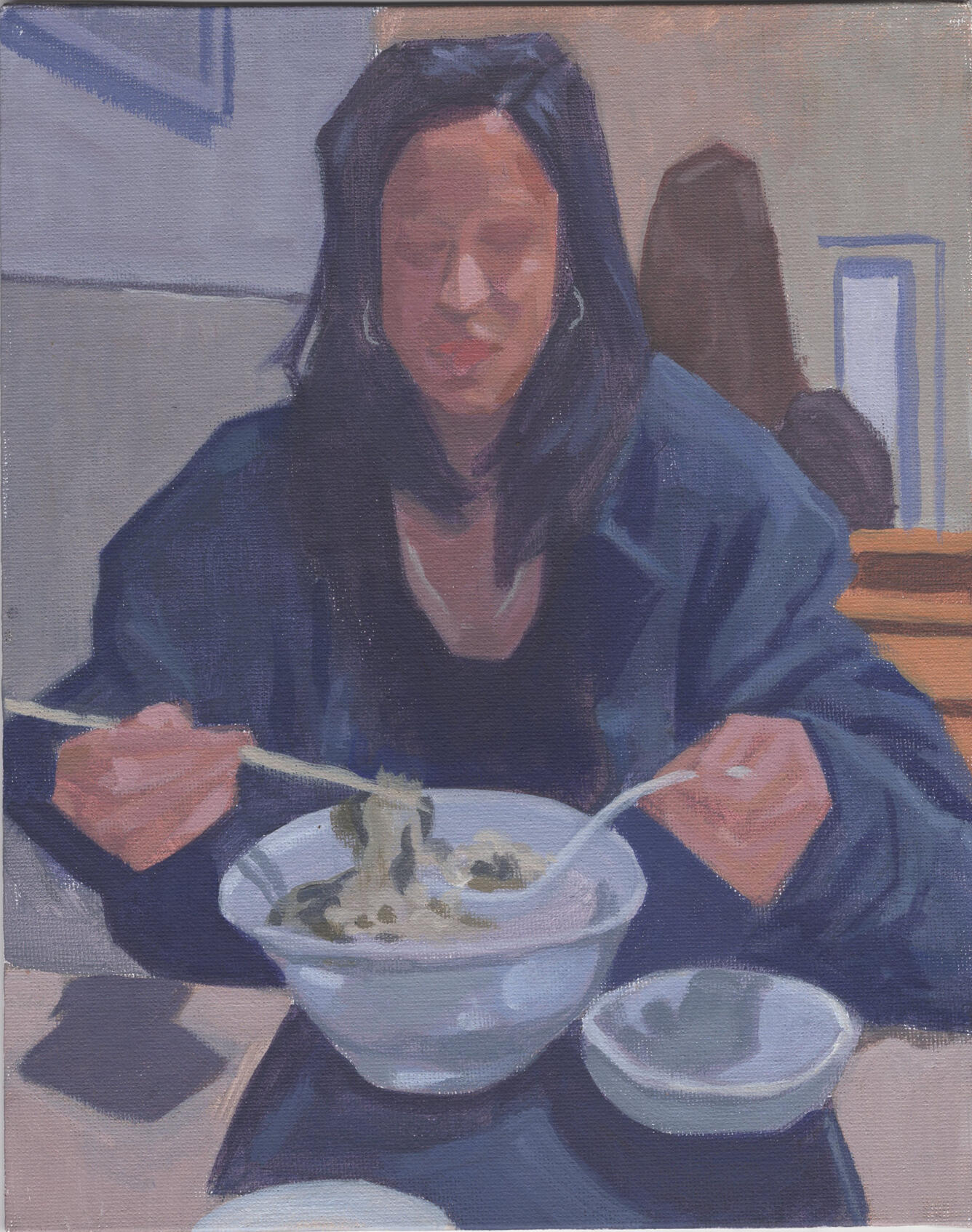 Ramen Girl. 2023. 8 x 10 in. Acrylic on Canvas board. Contact for purchase. Acrylic painting of a woman eating ramen.