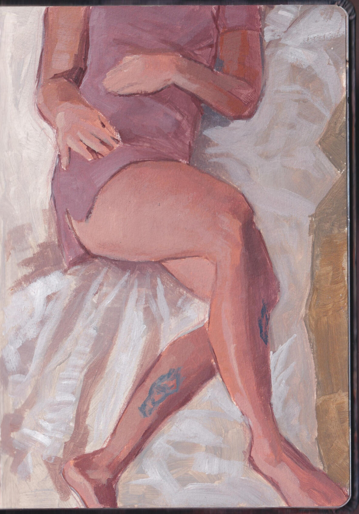 Acrylic painting of a woman's legs crossed on a bed.