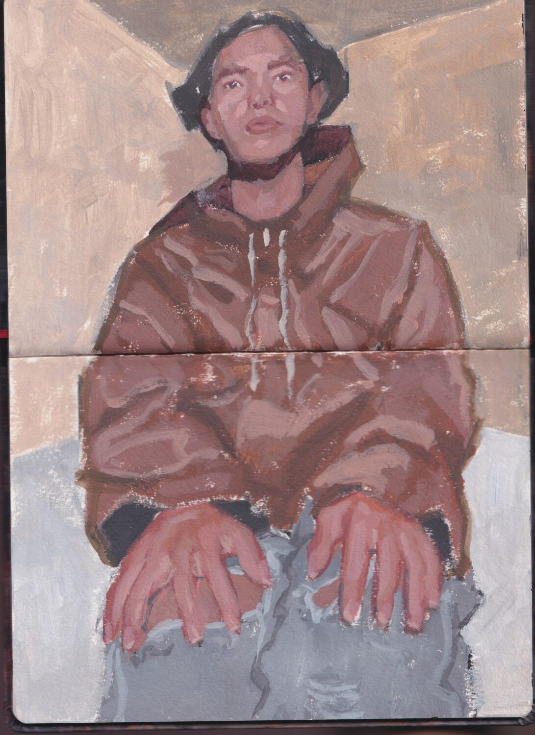 Portrait painting of a woman sitting with her hands on her lap.