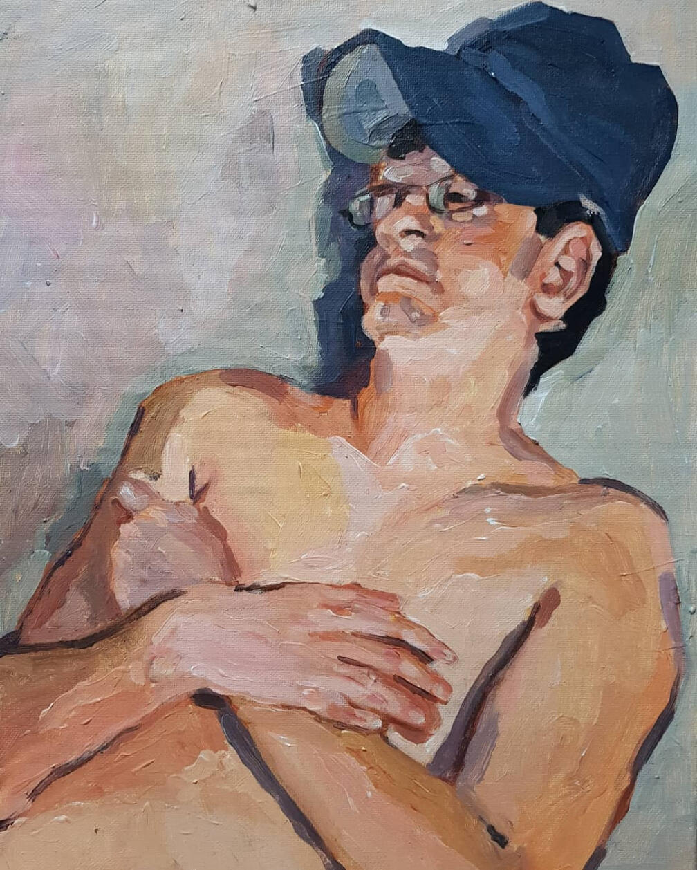 Mikey. 2018. 9 x 12 in. Acrylic on canvas. Not available for purchase. Acrylic painting of a man sleeping shirtless with a hat on.
