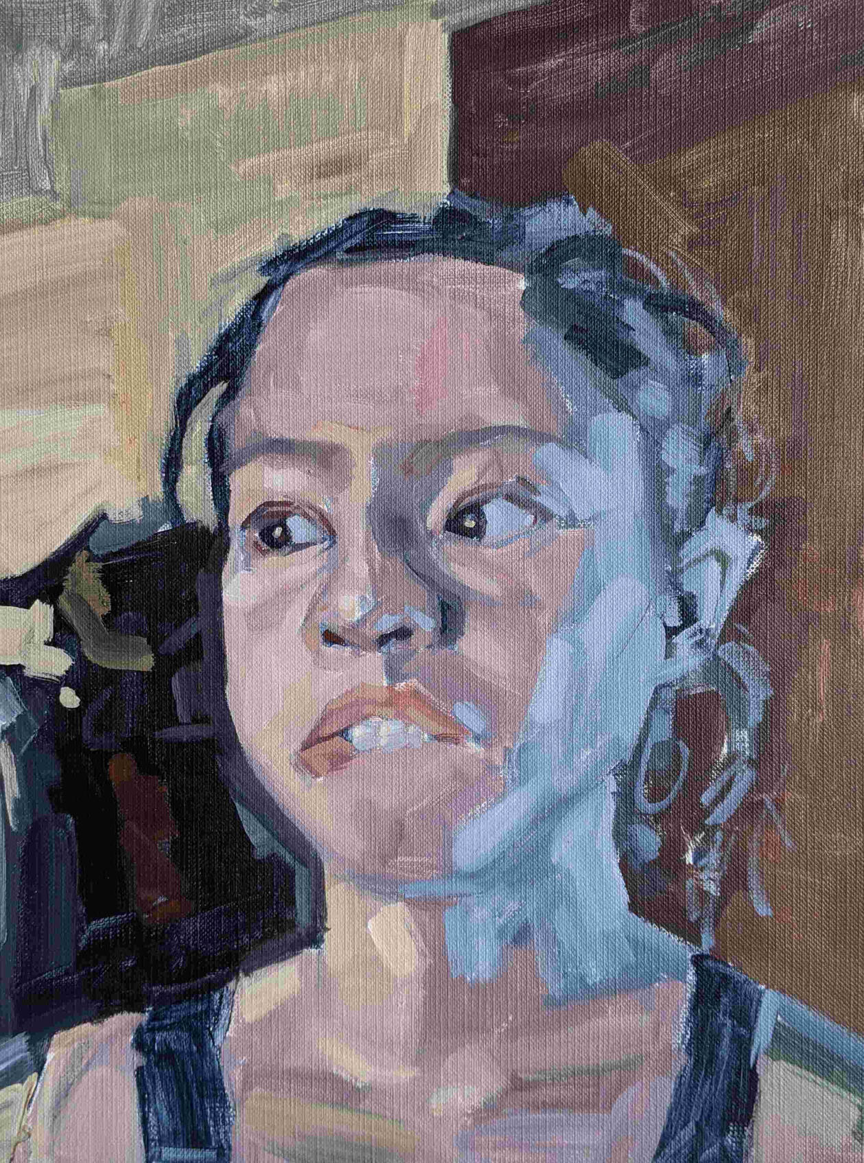 Acrylic portrait painting of a woman biting her lip.